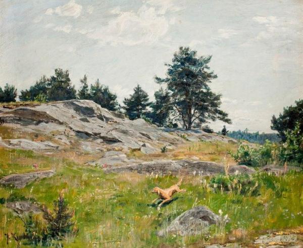 Summer Landscape With Dog And Hunter by Johan Krouthén Oil Painting Reproductions