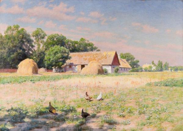 Sunlit Farm With Pecking Hens by Johan Krouthén