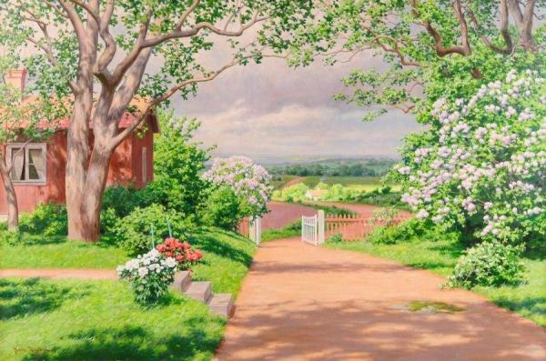 Sunlit Garden With Lilacs And Peonies by Johan Krouthén