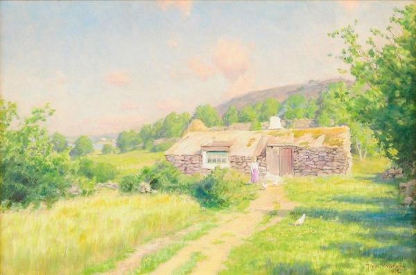Sunlit Summer Landscape With Girl And Chickens by Johan Krouthén