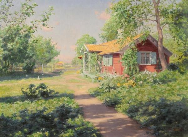 Johan Krouthén Sunny Summer Landscape With Red Cottage
