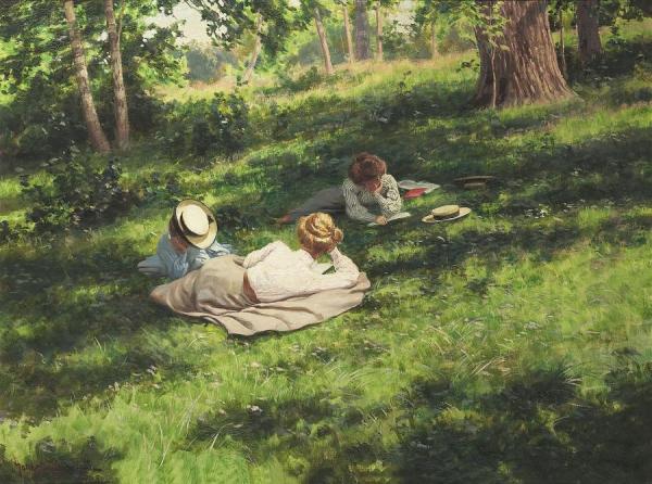 Johan Krouthén Three Reading Women In A Summer Landscape