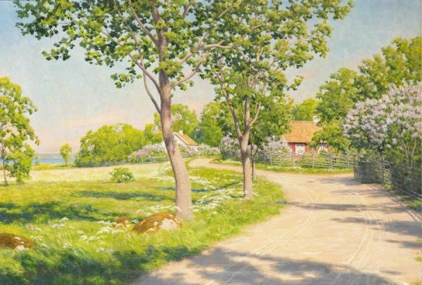 Village Road With Flowering Lilacs by Johan Krouthén Oil Painting Reproductions