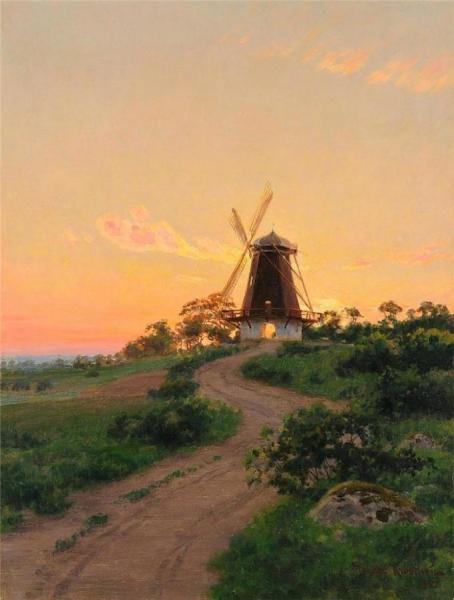 Windmill At Sunset by Johan Krouthén