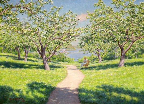 Woman On The Bench In The Spring Garden by Johan Krouthén Oil Painting Reproductions