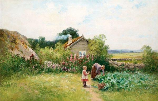 Woman With Child Outside The Cottage by Johan Krouthén Oil Painting Reproductions