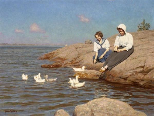 Women On The Islet With Ducks by Johan Krouthén