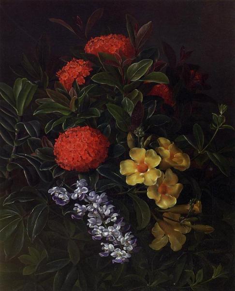 Allemanda, Ixora And Orchids by Johan Laurentz Jensen Oil Painting Reproductions