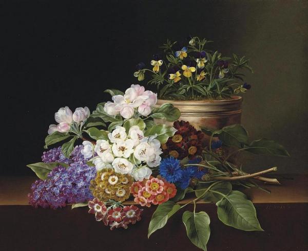 Apple Blossoms, Lilac, Violas, Cornflowers And Primroses by Johan Laurentz Jensen
