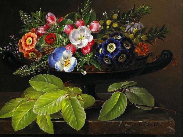 Apple Blossoms, Primula Heather And Yellow Acacia by Johan Laurentz Jensen