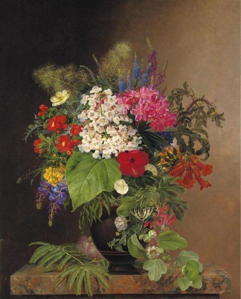 Convulvulus, Lupins, Speedwell And Fuschia In A Vase by Johan Laurentz Jensen Oil Painting Reproductions
