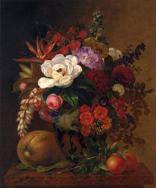 Exotic Blooms In A Grecian Urn With Fruit On A Marble Ledge by Johan Laurentz Jensen