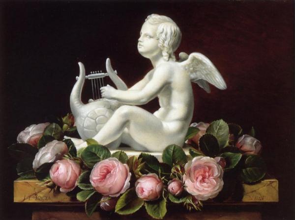 Garland Of Pink Roses Around 'cupid Playing A Lyre' On A Brown Marble Ledge by Johan Laurentz Jensen