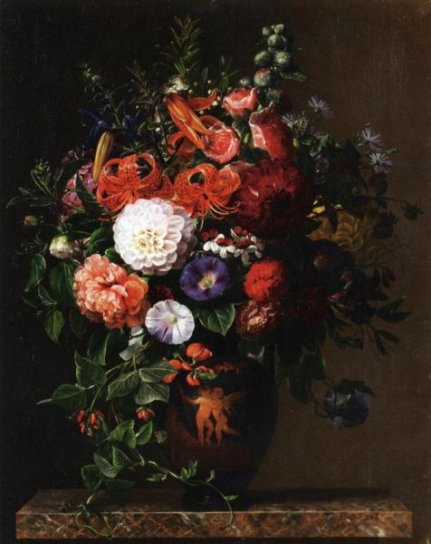 Lilies, Peonies, Violets And Roses In A Greek Figure Vase On A Marble Pedestal by Johan Laurentz Jensen