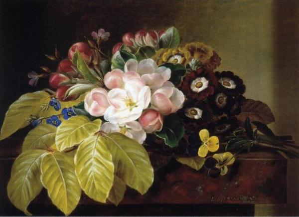Pansies, Appleblossoms, Gloxinia, Phlox And Primula Auricula On A Brown Marble Ledge by Johan Laurentz Jensen