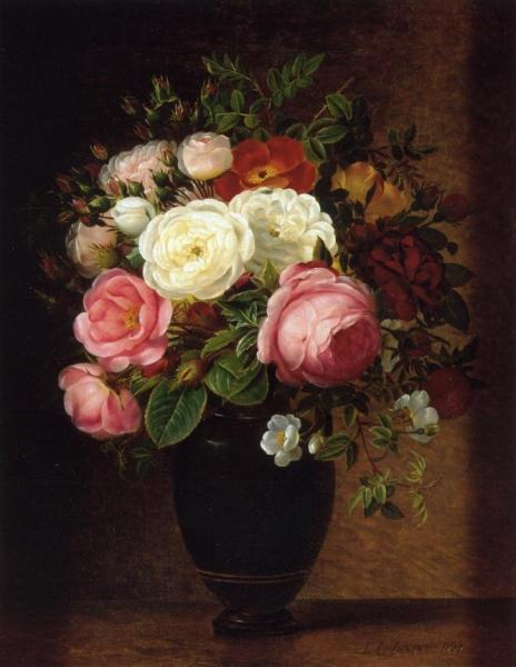 Pink And White Roses In A Black Glaze Amphora On A Brown Marble Ledge by Johan Laurentz Jensen