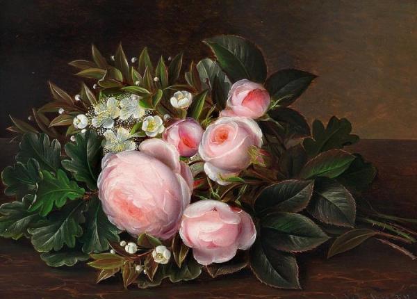 Pink Roses And Myrtle On A Sill by Johan Laurentz Jensen
