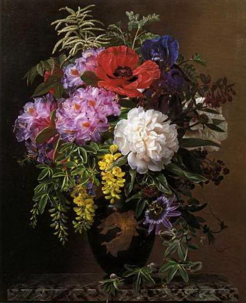 Red, Pink And White Roses And Orange, Yellow And Pink Primroses In An Etruscan Vase by Johan Laurentz Jensen Oil Painting Reproductions