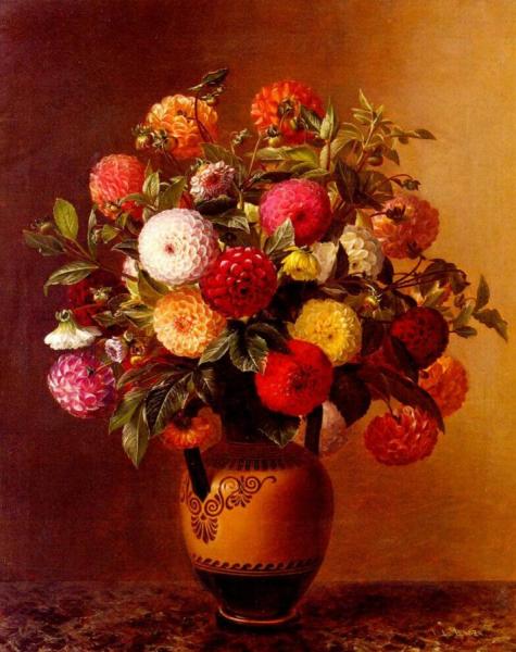 Still Life Of Dahlias In A Vase by Johan Laurentz Jensen