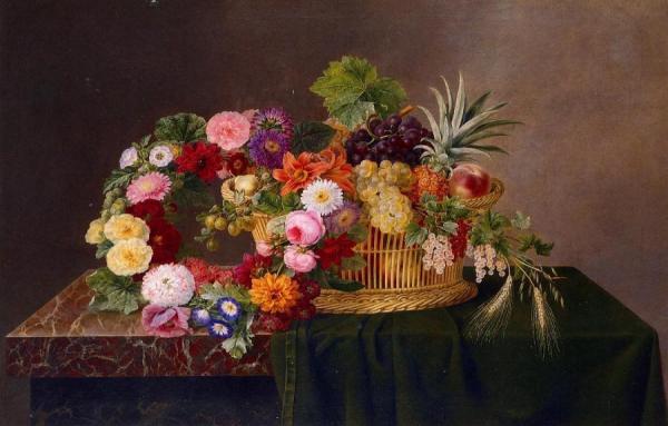 Still Life With A Basket Of Fruit And A Wreath Of Asters, Dahlias, Day Lillies And Morning Glories by Johan Laurentz Jensen