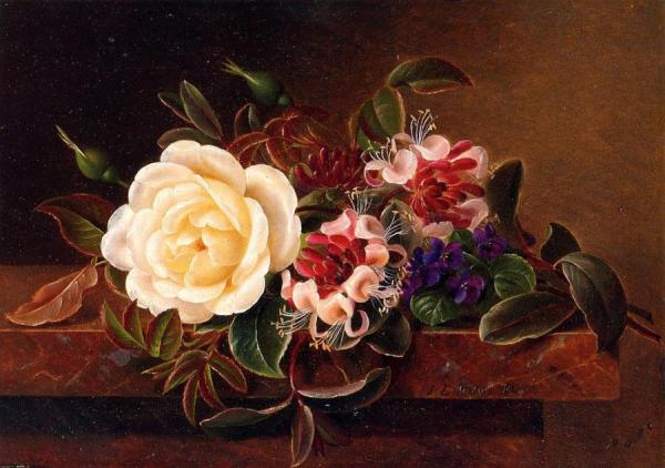 Still Life With A Rose And Violets On A Marble Ledge by Johan Laurentz Jensen Oil Painting Reproductions