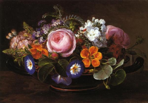 Still Life With Pink Peonies And Morning Glories by Johan Laurentz Jensen
