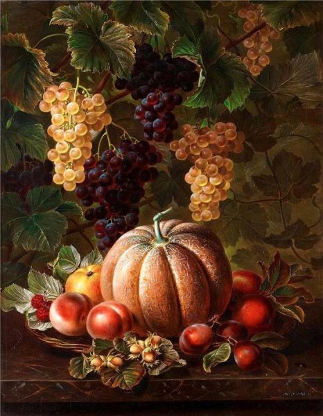 Still Life With Pumpkin, Peaches And Nuts by Johan Laurentz Jensen