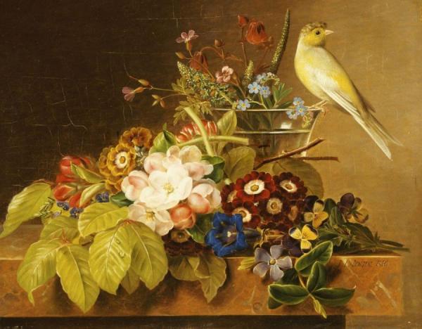 Sweet William, Forget Me Not, Convulvus And A Canary On A Ledge by Johan Laurentz Jensen