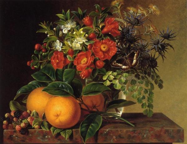 Thistle, Echinops, Myrtle In A Glass Vase With Oranges, Blackberries And A Butterfly No A Brown Marble Ledge by Johan Laurentz Jensen Oil Painting Reproductions
