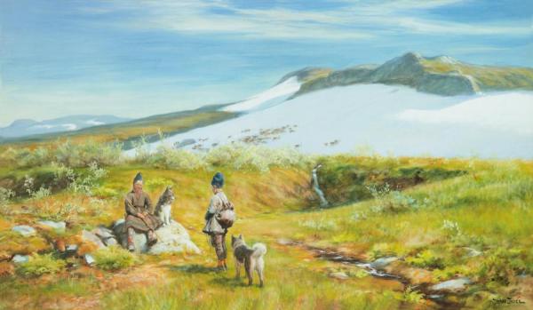 Samepojkar Med Hundar I Fjällandskap by Johan Tiren