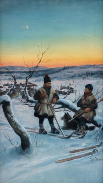 The Sami Boys With Their Reindeers by Johan Tiren Oil Painting Reproductions