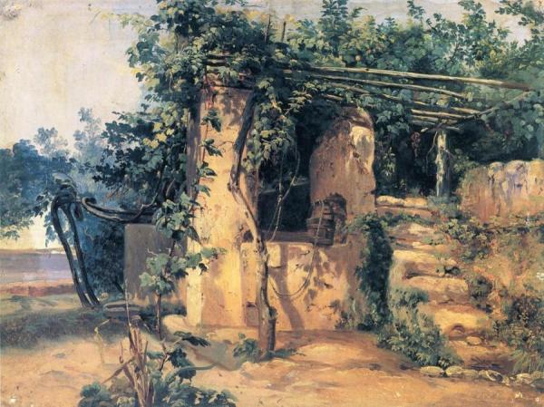 A Vine-covered Terrace With A Well And A View Of The Sea by Johann Baptist Kirner