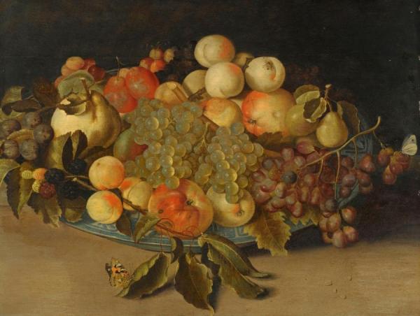 Still Life With Blackberries, Apples, Peaches And Pears In A Blue And Whit Porcelain Bowl by Johannes Bosschaert