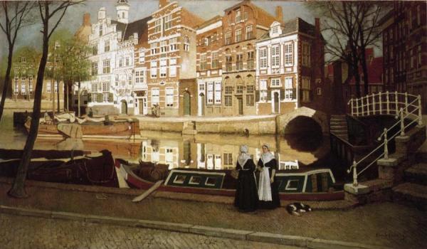 A View In Delfshaven With Women In Custume Conversing On A Quay Along A Canal by Johannes Christiaan Karel Klinkenberg