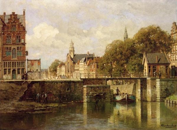 A View Of Amsterdam With A Man In A Flat On A Canal, A Church In The Distance by Johannes Christiaan Karel Klinkenberg