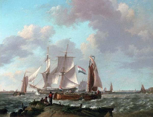 Ships In A Squall With Figures On The Shore by Johannes Hermanus Koekkoek