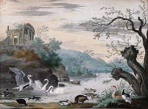 An Italianate Landscape With Swans, A Heron, Ducks And A Goose by Johannes Van Bronckhorst Oil Painting Reproductions