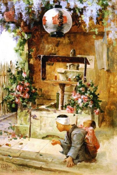 Child Playing In Front Of A Shrine by John Charles Arter