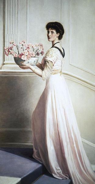 Lady With A Bowl Of Pink Carnations by John Collier