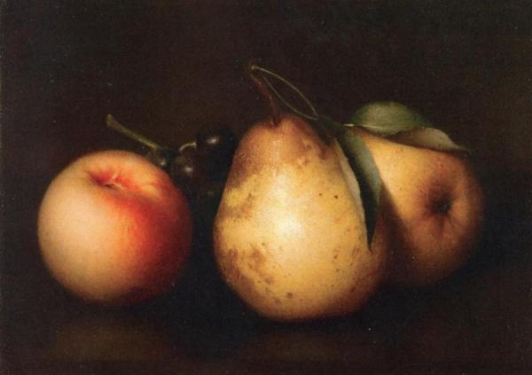 Still Life: Two Pears, A Peach And Grapes by John Durrie, Jr.