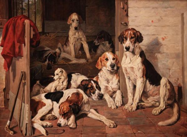 Foxhounds And Terrier In A Stable Interior, 1878 by John Emms Oil Painting Reproductions