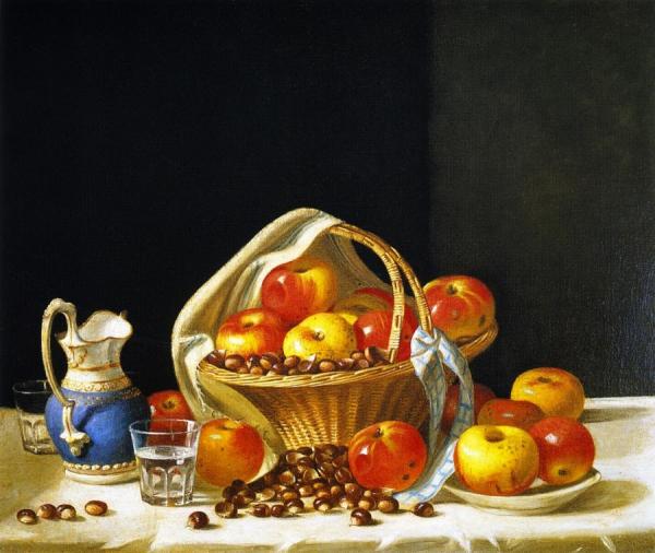 Still Life - Basket Of Apples And Chestnuts On A Table by John F. Francis