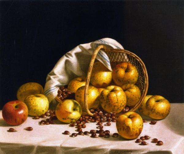 Still Life, Yellow Apples And Chestnuts Spilling From A Basket by John F. Francis