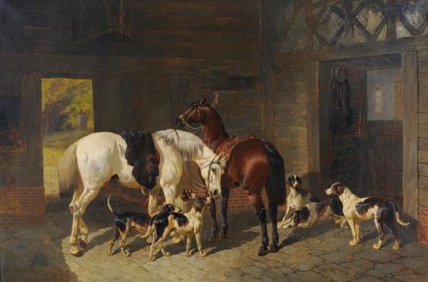 Hunters And Foxhounds In A Stable Interior by John Frederick Herring, Sr Oil Painting Reproductions