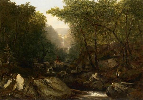 Waterfall In The Woods With Indians by John Frederick Kensett