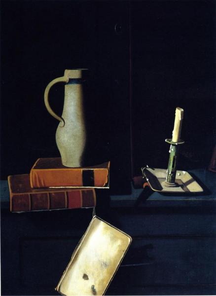 Jug, Books And Candle On A Cupboard Shelf by John Frederick Peto