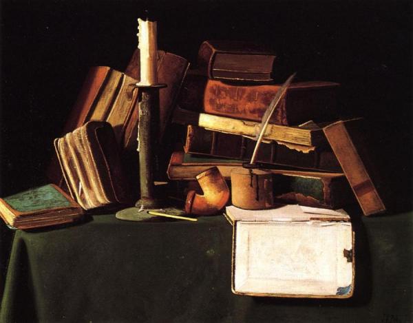 Still Life With Candle, Pipe And Books by John Frederick Peto Oil Painting Reproductions