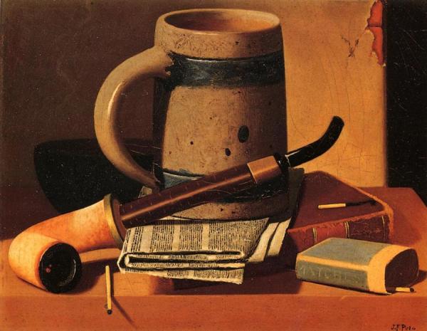 John Frederick Peto Still Life With Pipe, Beer Stein, Newspaper, Book And Matches