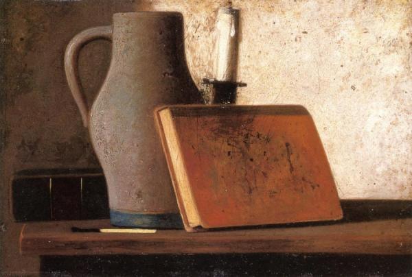 Still Life With Pitcher, Candlestock, Books And Match by John Frederick Peto