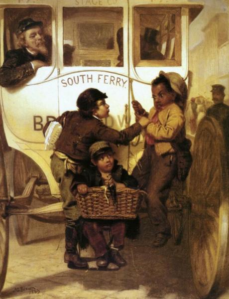 A Newspaper Boy Hitching A Ride by John George Brown